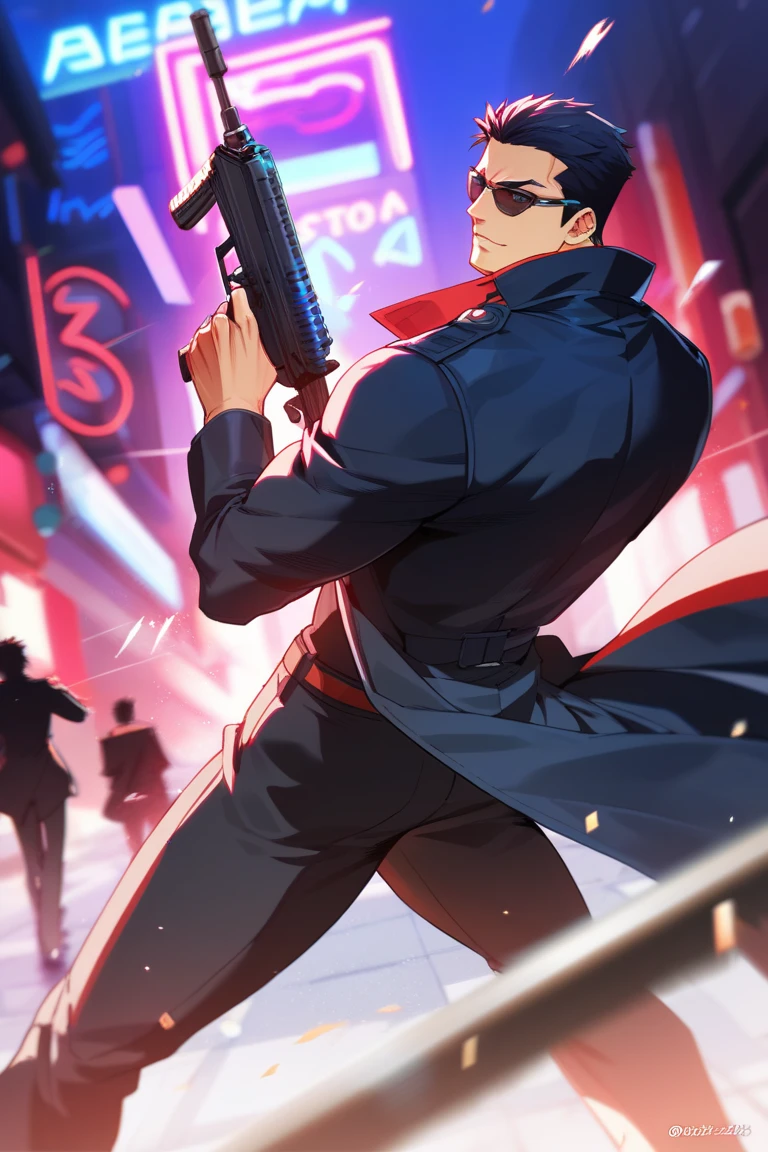 anime,  Motion Blur, Physics-Based Rendering, Slow Motion,  masculine man, towering height , strong manly muscle ,long muscular legs ,  tight-fitting yakuza style, open black trench coat, very tight, Assault Rifle, short black hair , combed back hair , Red eyes , sunglasses , 24 years old, Dynamic Pose, Firing bullet, Agile Movement, Focus Expression, Focus, Blurry Background, in the city, Neon Lights