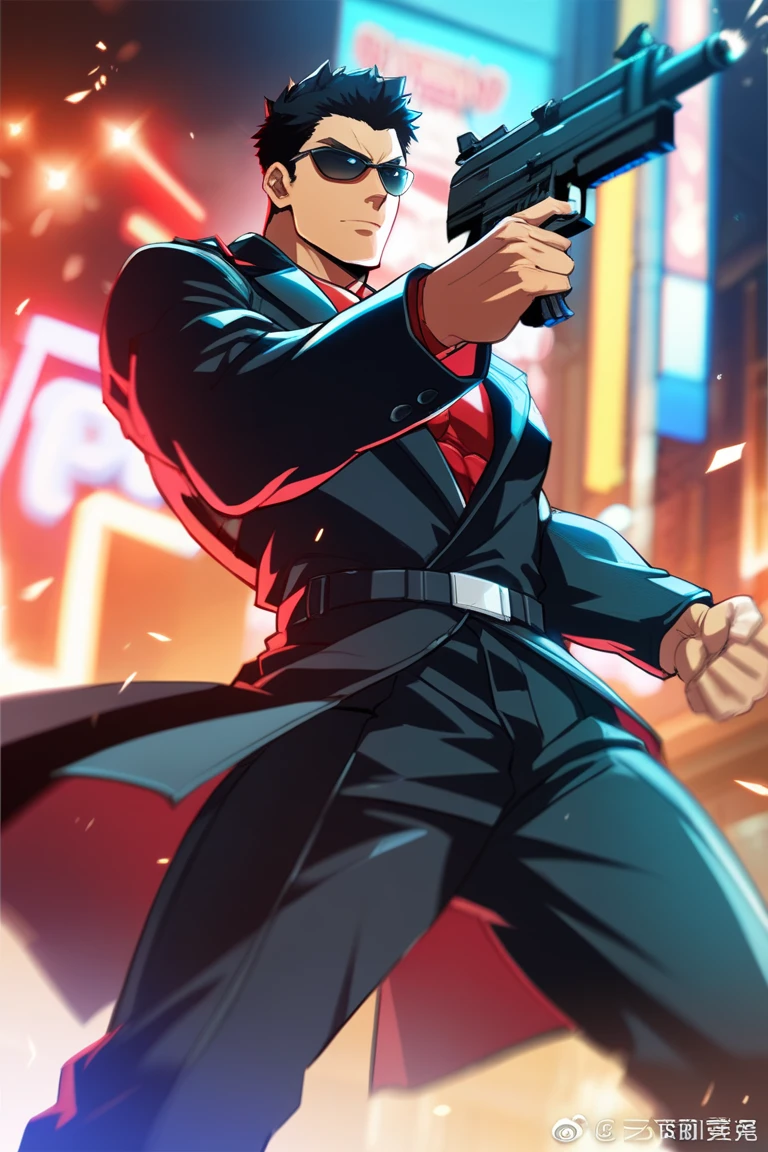anime,  Motion Blur, Physics-Based Rendering, Slow Motion,  masculine man, towering height , strong manly muscle ,long muscular legs ,  tight-fitting yakuza style, open black trench coat, very tight, Assault Rifle, short black hair , combed back hair , Red eyes , sunglasses , 24 years old, Dynamic Pose, Firing bullet, Agile Movement, Focus Expression, Focus, Blurry Background, in the city, Neon Lights