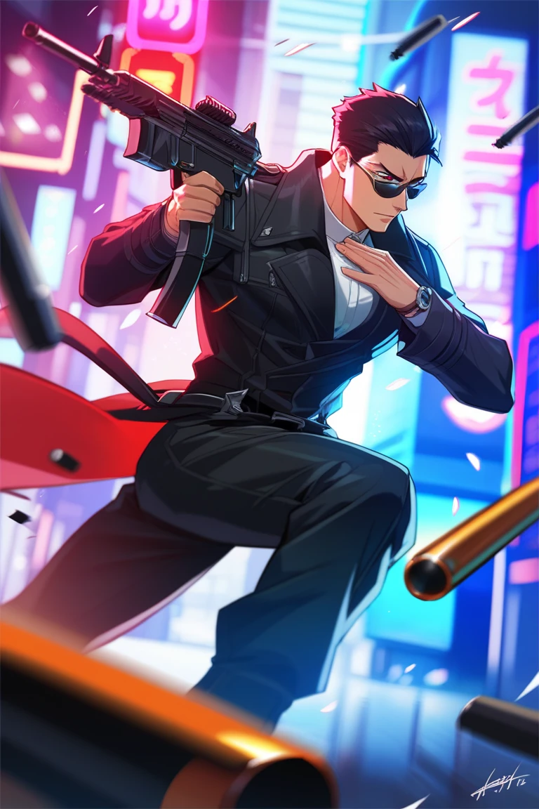 anime,  Motion Blur, Physics-Based Rendering, Slow Motion,  masculine man, towering height , strong manly muscle ,long muscular legs ,  tight-fitting yakuza style, open black trench coat, very tight, Assault Rifle, short black hair , combed back hair , Red eyes , sunglasses , 24 years old, Dynamic Pose, Firing bullet, Agile Movement, Focus Expression, Focus, Blurry Background, in the city, Neon Lights