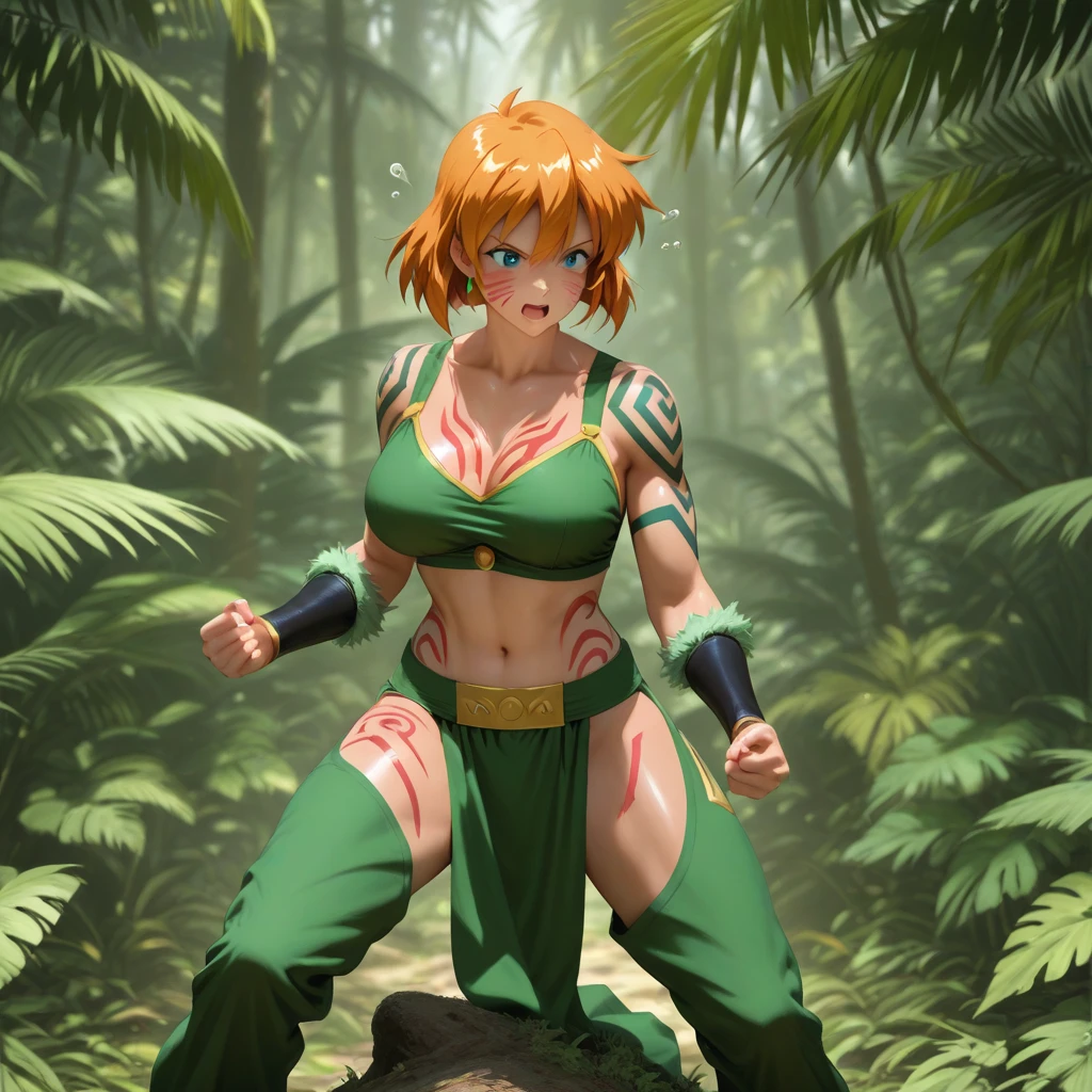 25 years old young woman, beautiful, detailed face 4k, with fitness body, orange hair, cosplaying as yuri sakazaki, ornate clothes with green and orange colors, cinematic wide shot, doing kunf fu pose, on a plain next to an oak tree, with a beautiful sunrise in the background