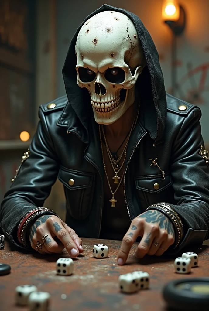 Skull with chains,smoking and some playing cards 