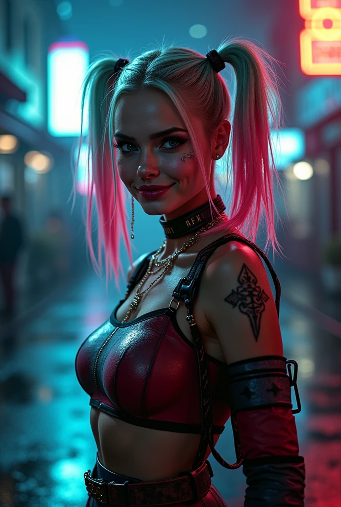 Dappled Light, photo portrait of the (harley quinn) as cyberpunk character with a (robot arm), aesthetic, (cyberpunk style), battle scene, dynamic pose, (imperfect skin details), ai artwork by Quiron, neon light, cybernetic enhancements, write "civitai" on the holographic blackboard