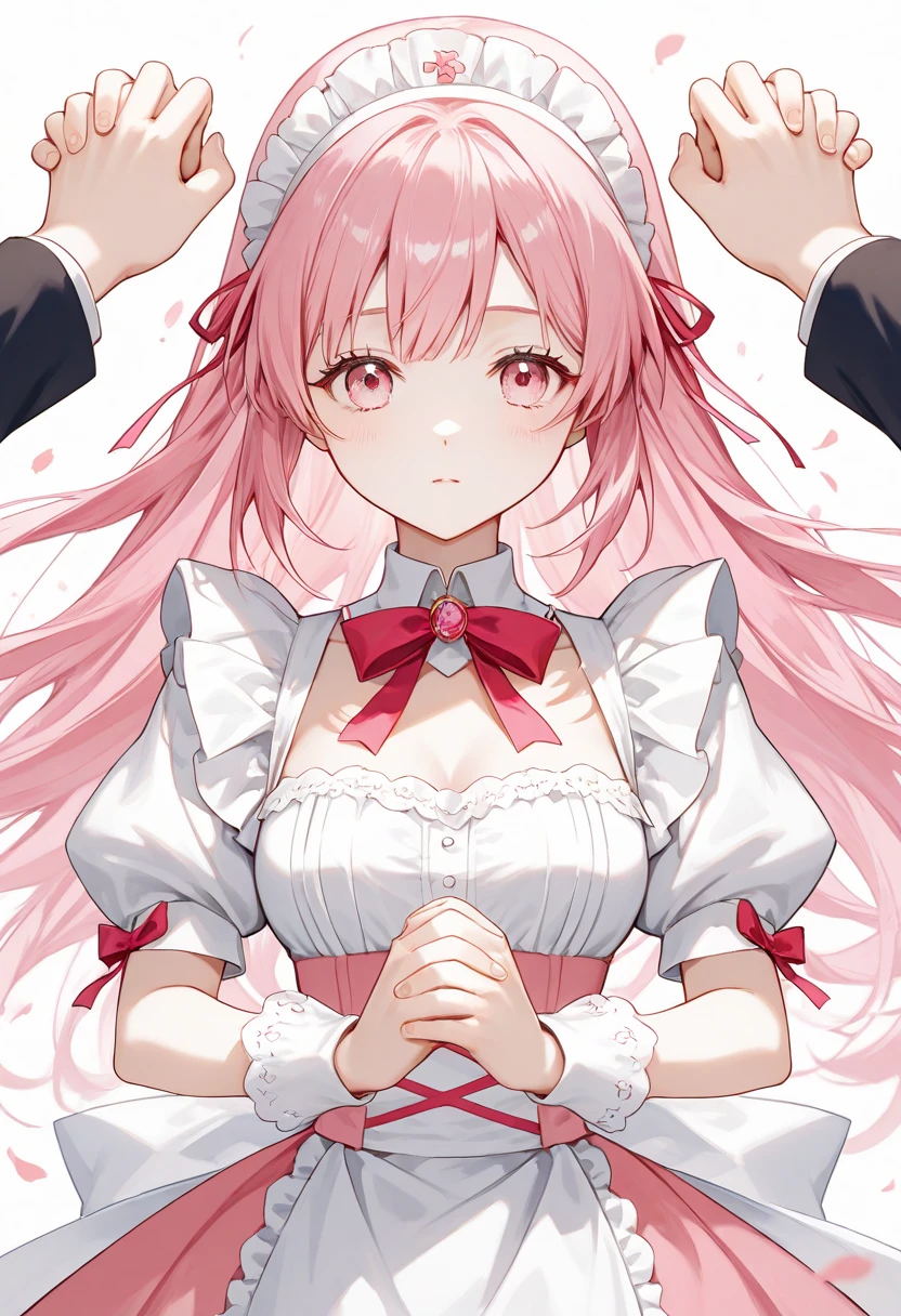 Junko Enoshima, 1girl, Headpat, upper body, long hair, hand on head, blush, cat ears, red ears, animal ear fluff, collarbone