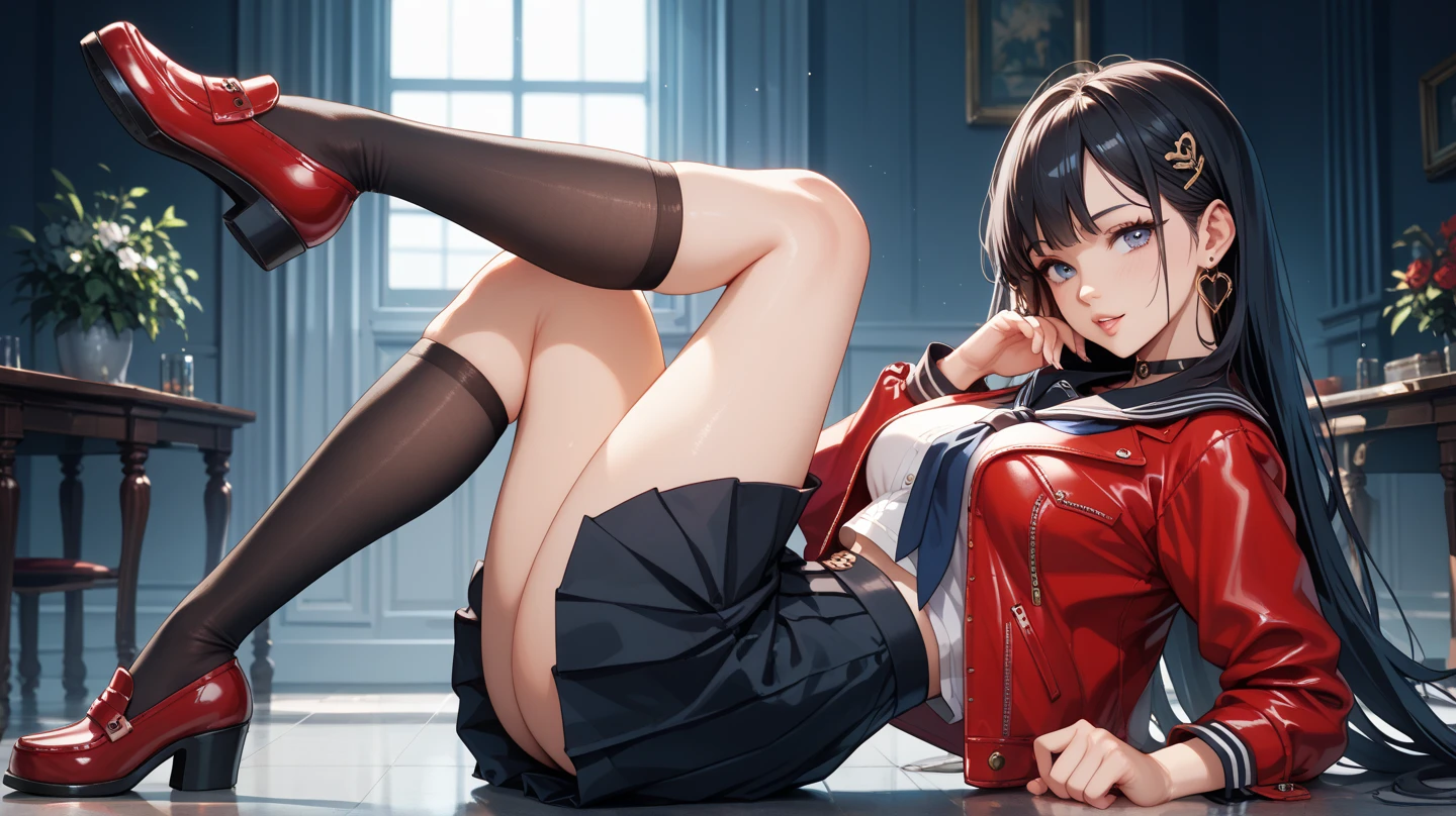 Full body image, Persona 4 Yukiko Amagi, long black hair, narrow face, , Double eyelids, Wearing plaid skirt, red sweater with a shirt under, white sandals, white knee high stockings, Looking at Viewer, (Detailed Face), sitting (sitting 1.4), Bust, Long Legs, Thin Waist, Buttocks, Ultra Fine Makeup, ultra fine clothes, beautiful attractive woman, highly detailed, (Realistic lighting, Top Quality, 8K, Masterpiece: 1.3)),(High Resolution), (8K), (Very Detailed), (Best Quality), (Ultra Detailed), (Masterpiece), ultra high resolution, (photorealism: 1.4)