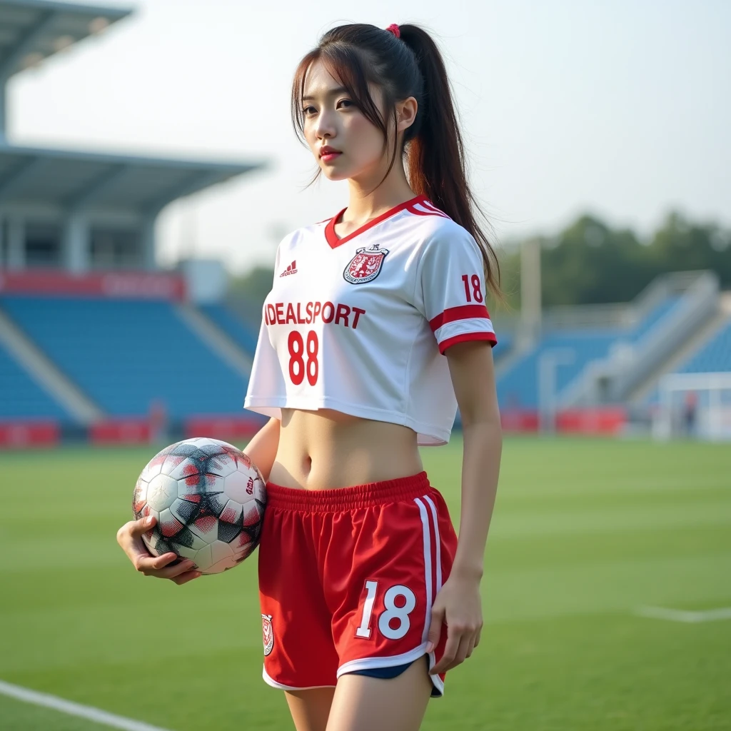 (realistic, high resolution:1.3), 1 girl with a perfect body, Very detailed face and eyes,long hair, (Red Shirt:Liverpool Football Club player shirt 1.2), short jeans, big girl,Revealing the cleavage, soccer ball in hand,(environment,Football Field)