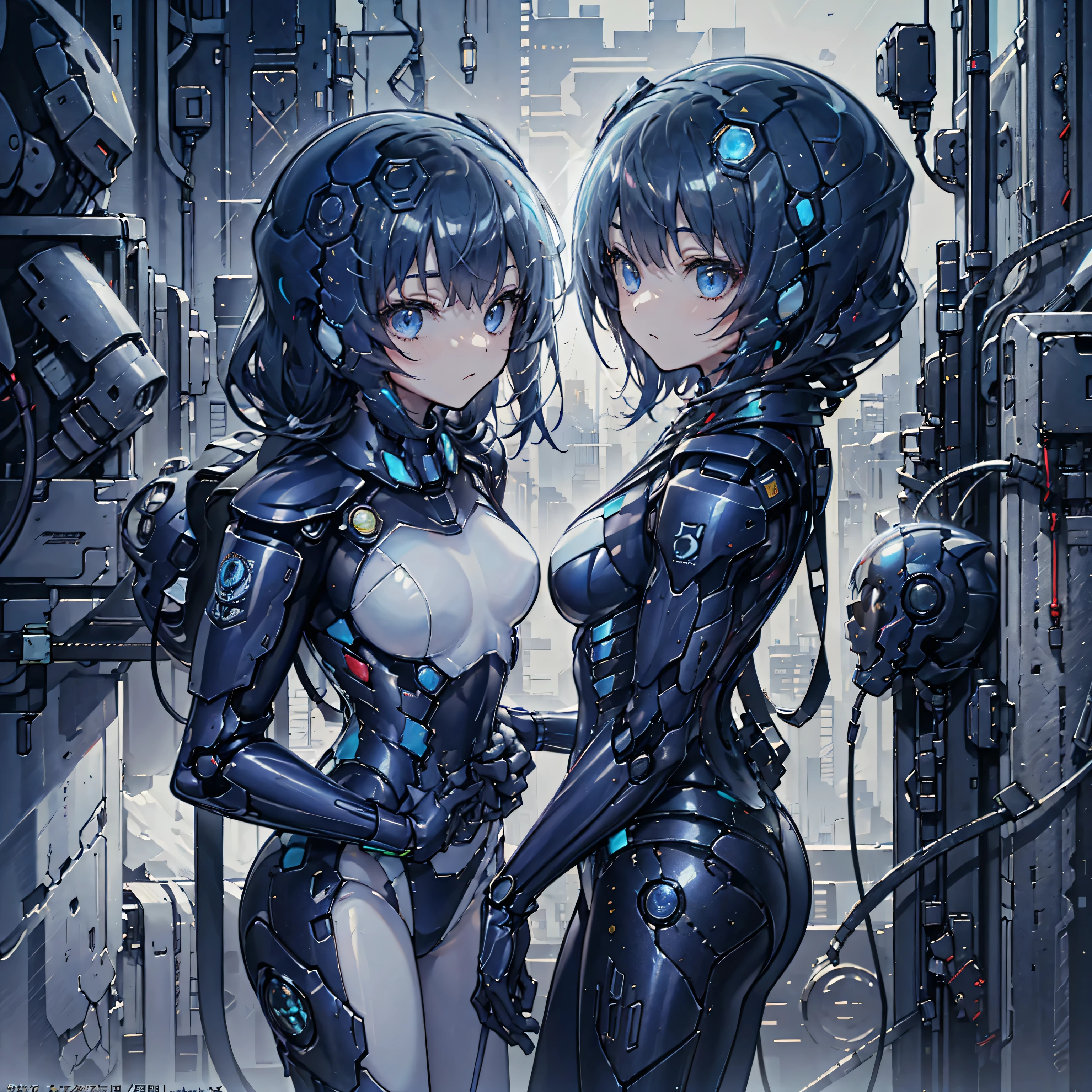 ((Holographic glow effect)),(masterpiece、Highest quality、Highest Resolution、Clear_image、Detailed details、Angle from above): (Whole body、One 20 year old girl、Japanese Faces、Small Face、Slender、Navy blue super short bob cut hair、(Hidden small breasts:1.3)、Sparkling blue eyes、Shiny pilot suit in blue and black colors、Chest protection armor、Tight fitting clothes、Clothing that covers the whole body、Glamorous clothes、Tight Fit Pants、Hide your skin、Very delicate and beautiful、Detailed Skin、hide thighs、Hide your ass、Cute、A gentle smile、Soft expression、heroine、headset、Knee-high boots、Elbow-length gloves、Eye Level Shot、Face directly、Woman on a spaceship)