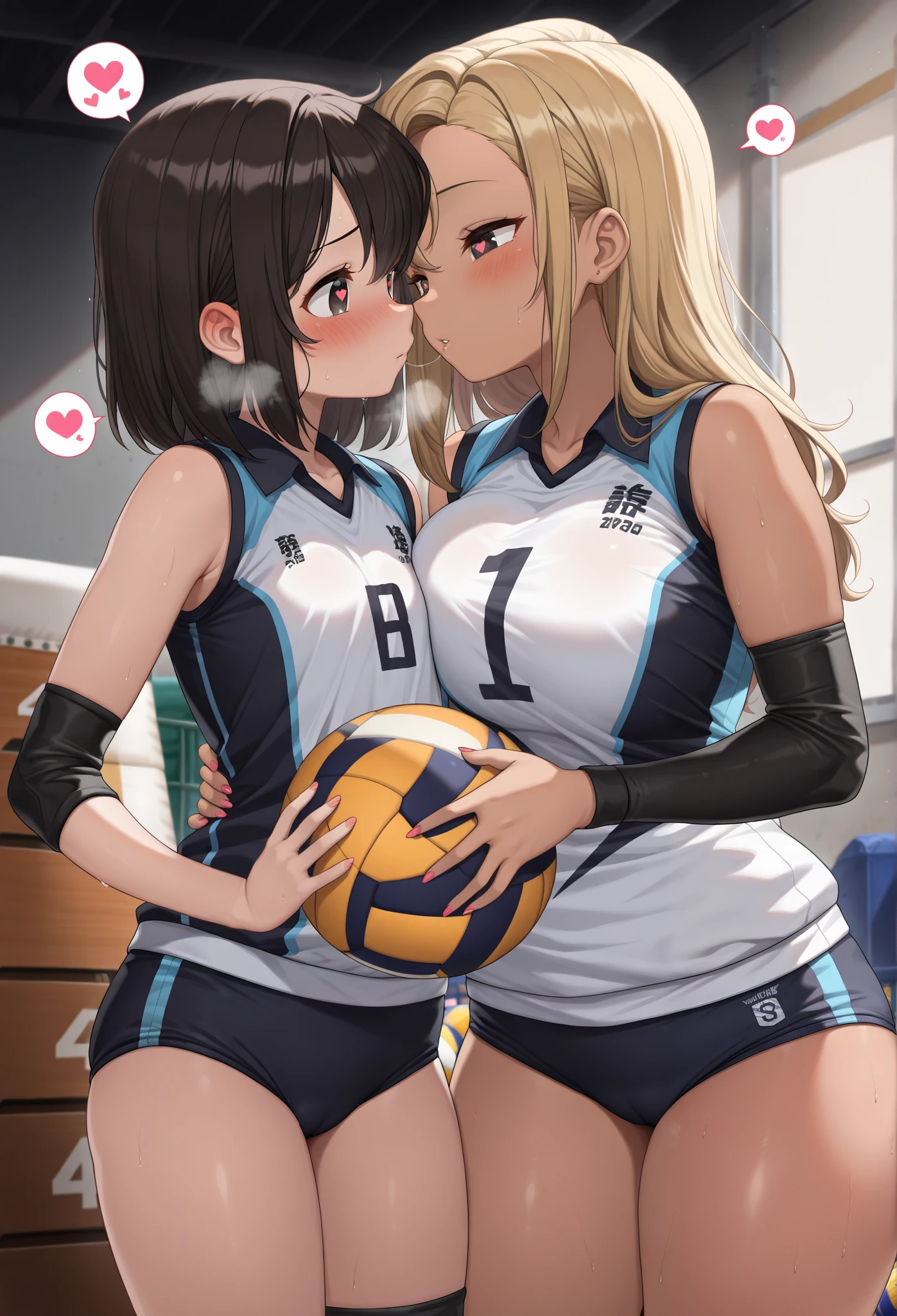 detailed illustration (side view),dynamic angle, ultra-detailed, illustration, close-up, 2girls, lesbian kiss, blonde hair, black hair, cheerleader, goth, blue eyes, purple eyes, tattoos, sitting on bed, bedroom