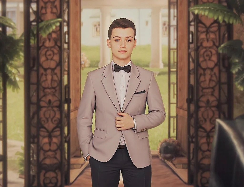 A boy with a coffee realistic and futuristic