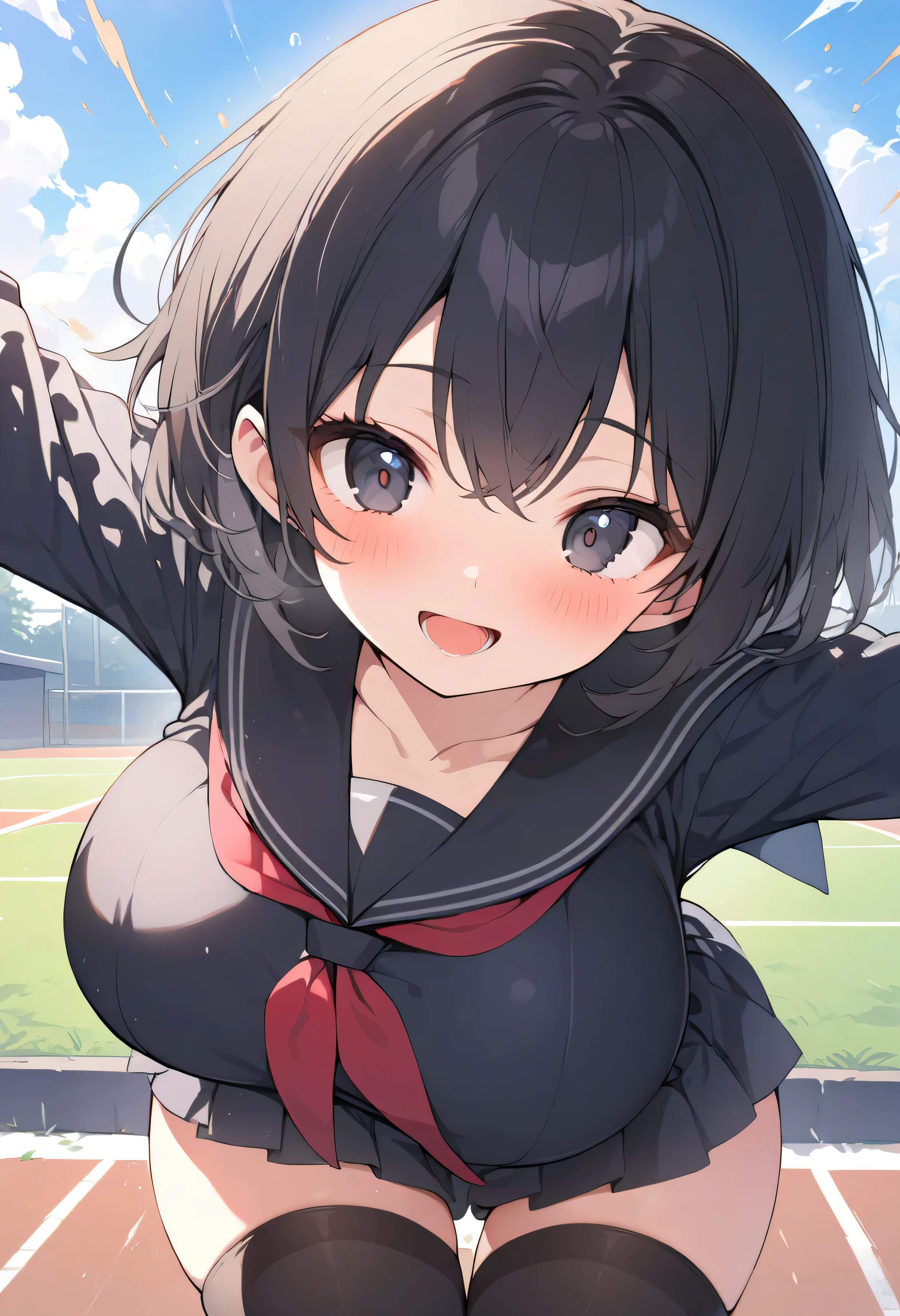 best quality, masterpiece, highres, detailed face, solo, longtorso_v0.63_pony, school field, BREAK, 1 skinny girl standing, (small girl:1.2), smile for viewer, open mouth, arched back, arms down behind back, pigeon toed, BREAK, blush, (black sailor uniform:1.2), black too short skirt, thigh gap, black thighhighs, BREAK, black short hair, deep black eyes, (bursting huge breasts:1.2), bouncing breasts, (too short torso), too narrow waist, (too short waist), (skinny long legs)