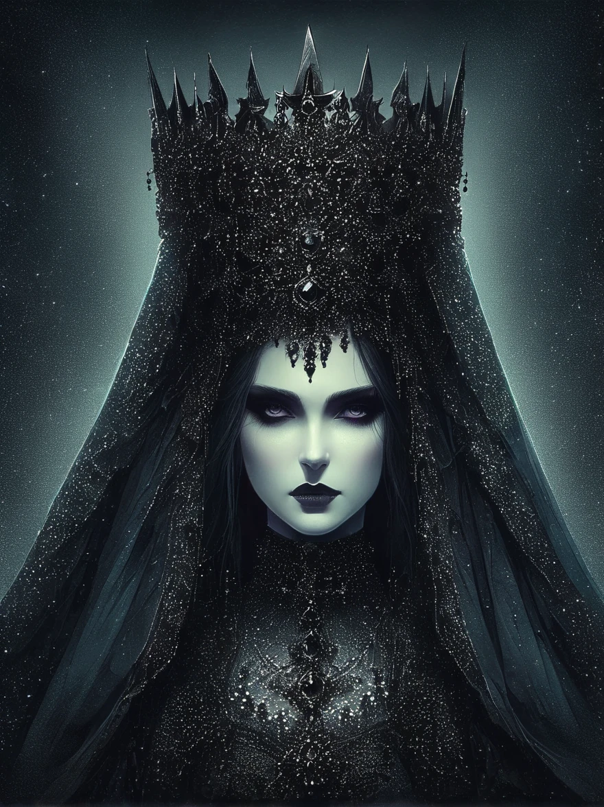 Gothic aesthetics, Gothic Queen Portrait, The art of drawing dots, smaller, dotted shadow, Small strokes, Use Fractal Fill, High Detail, HD, A play of colour and shadow, Gothic Palette, Fractal gothic background, High resolution 32K, HD