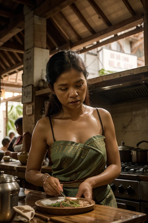 black hair, hyper detailed and hyper realistic photo of a middle-aged woman cooking at a night market. The woman was wearing a white tank top that was wet with sweat and a brown batik cloth tied around her waist. He was stirring fried rice in a large wok with a serious expression on his face. The atmosphere of this night market looks busy with many people in the background, both men and women, wearing casual clothes. Several people were seen watching the woman cook. The lighting in this image is dominated by a light bulb hanging above the woman, providing a warm lighting effect that highlights her and creates shadows around her. In the background, you can see the atmosphere of a night market with rows of stalls and crowds of people doing their activities. This image shows daily life at a night market which is full of activity and social interaction., Surrealism, 8k, super detail