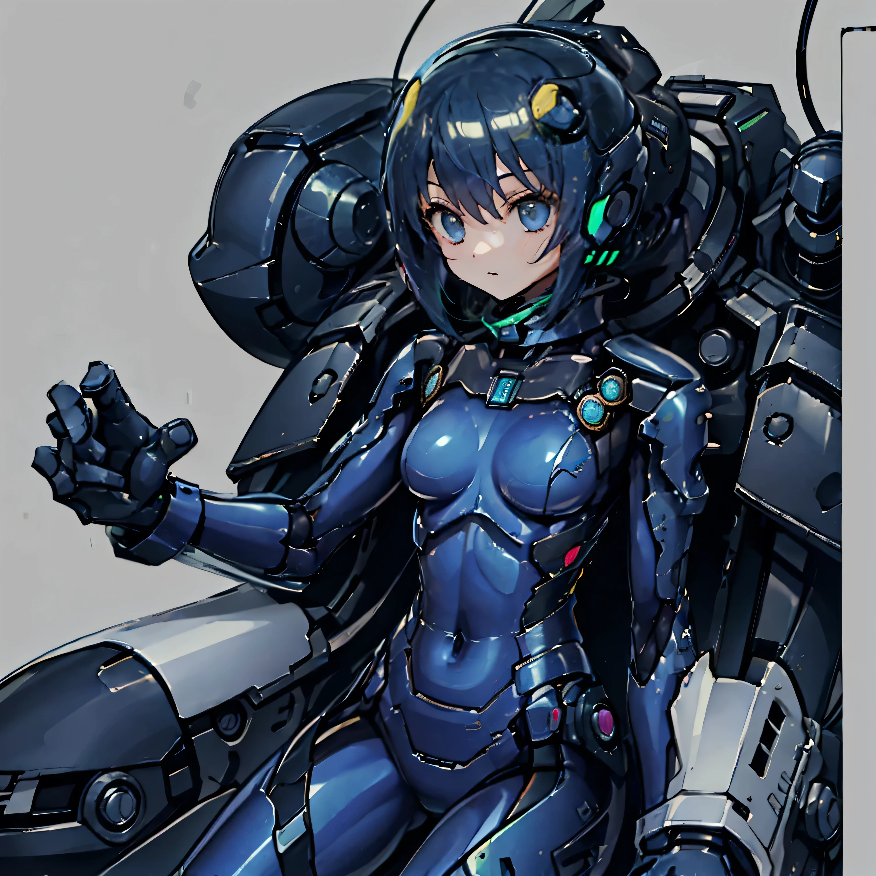X,1girl,Satsuki Yatouji, glasses, cable, bodysuit, black hair, solo, sitting, short hair, science fiction, breasts, plugsuit, black bodysuit, robot, mecha, <lora:X_XL:0.8>