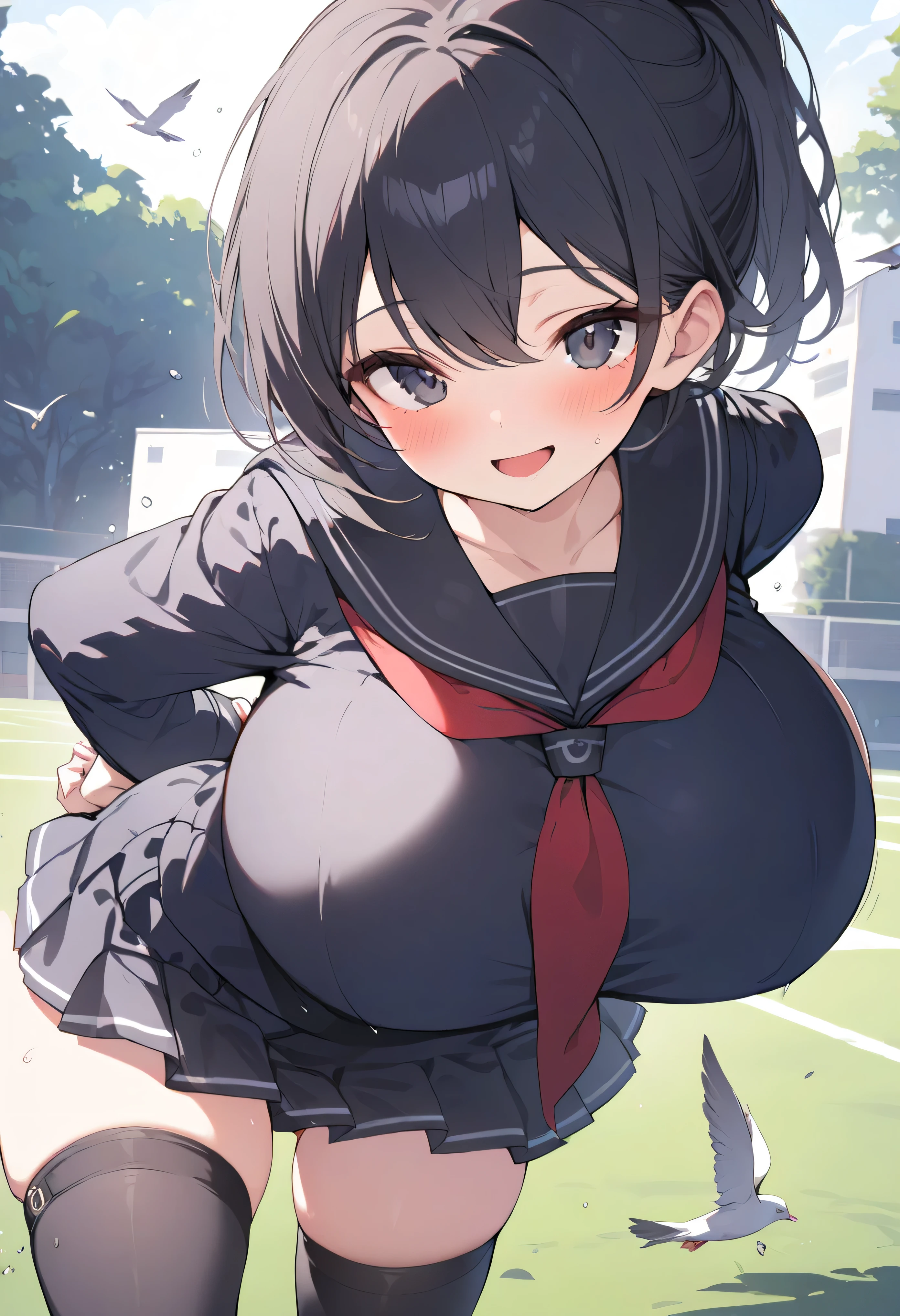 best quality, masterpiece, highres, detailed face, solo, longtorso_v0.63_pony, school field, BREAK, 1 skinny girl standing, (small girl:1.2), smile for viewer, open mouth, arched back, arms down behind back, pigeon toed, BREAK, blush, (black sailor uniform:1.2), red tie, black too short skirt, thigh gap, black thighhighs, BREAK, black short hair, deep black eyes, (bursting huge breasts:1.2), bouncing huge breasts, (too short torso), too narrow waist, (too short waist), (skinny long legs)