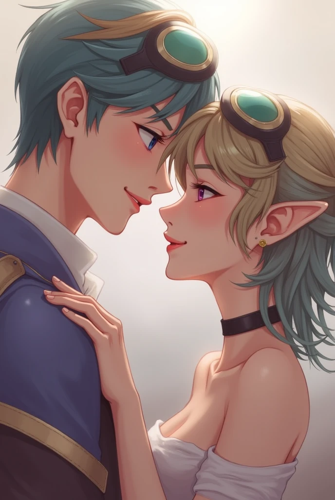 girl  wit? blue hair playing with a blond haired green eyed  elf boy, close friends, smiling, laughing, younger