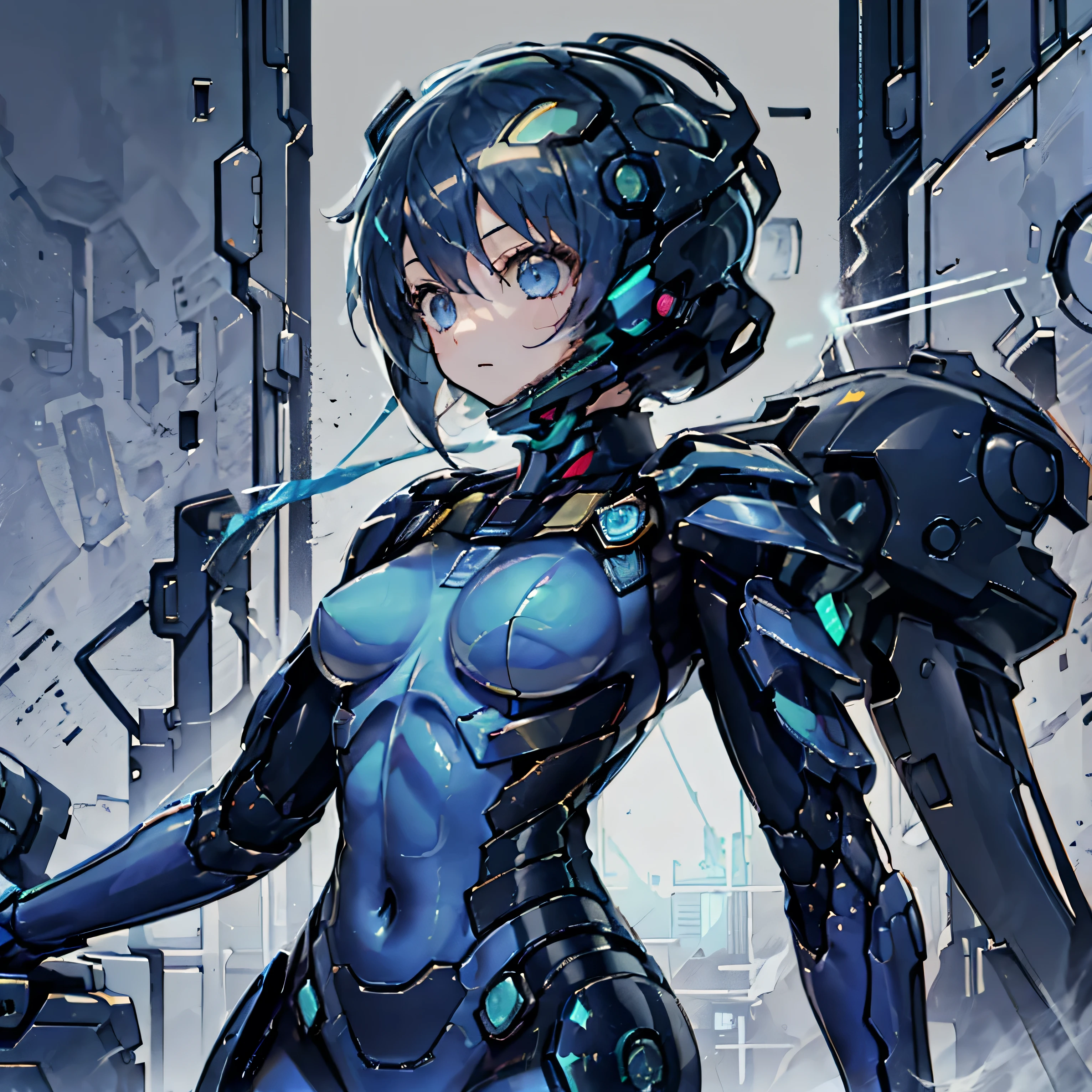 (masterpiece、Highest quality、Highest Resolution、Clear_image、Detailed details、Angle from above): (Whole body、One 20 year old girl、Japanese Faces、Small Face、Slender、Navy blue super short bob cut hair、(Hidden small breasts:1.3)、Sparkling blue eyes、Shiny pilot suit in blue and black colors、Chest protection armor、Tight fitting clothes、Clothing that covers the whole body、Glamorous clothes、Tight Fit Pants、Hide your skin、Very delicate and beautiful、Detailed Skin、hide thighs、Hide your ass、Cute、A gentle smile、Soft expression、heroine、headset、Knee-high boots、Elbow-length gloves、Eye Level Shot、Face directly、Woman on a spaceship)