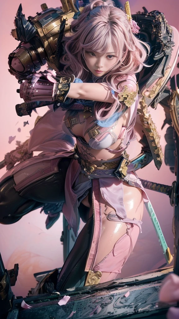Highest quality、Surreal、Perfect Anatomy、In the middle of a crowded arena、Wet and shiny white skin、Sweat dripping all over the body、Small face、Model Body Type、Golden and pink hair、Black micro bikini、blush、Collars and Leads、Black Japanese sword、Heart shaped decoration、Cyberpunk City、Dripping purple liquid、Intricate, luminous mechanical parts、