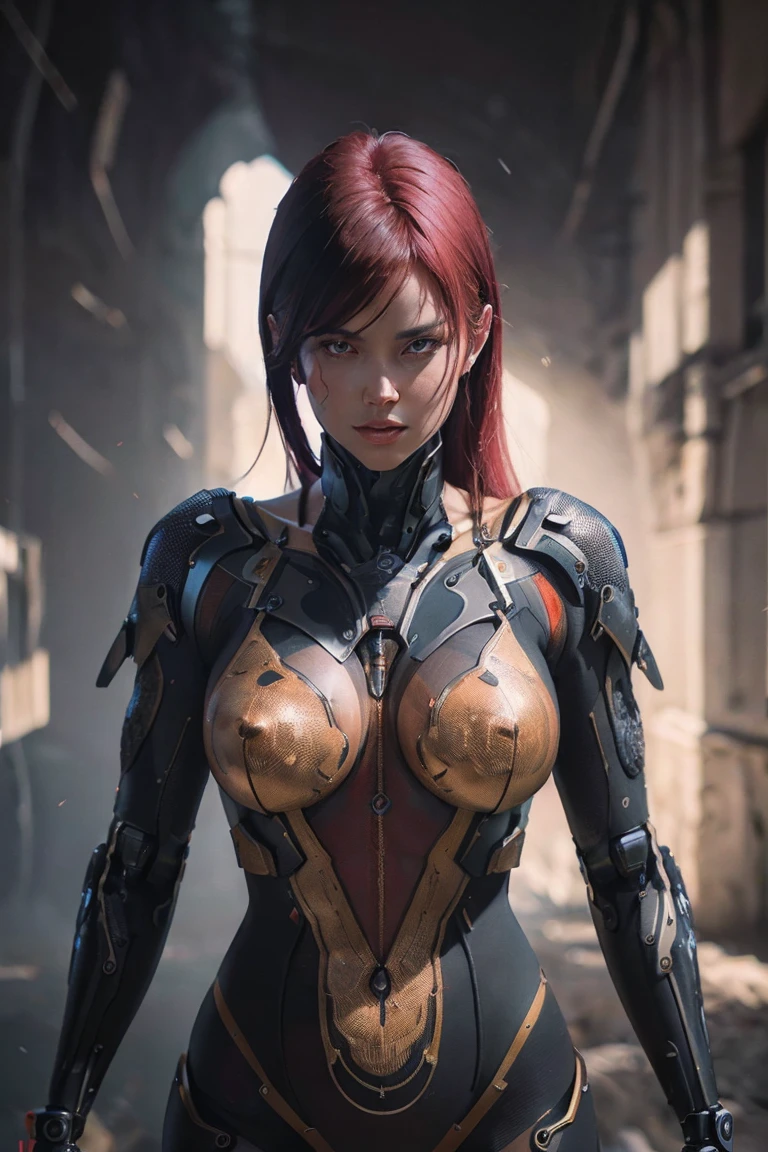 8K,A woman with one arm who is a cyborg,Super Beauty(Realistic Skin),Martial Arts Posture,Powerful gaze,Muscular, slim body and lower body,Fearless smile,Red hair mohawk,Perfect Anatomy,charm,Volume measurement,Body balance,Digital single-lens reflex camera, Soft lighting, Detailed Background, Written boundary depth, Volumetric lighting, Sharp focus, Absurd, Realistic proportions, Excellent anatomy, (Realistic, 超Realistic:1.4), 16K HDR, dawn,A High Resolution,super Realistic 肌,Super beautiful expression,Fantasy art,Character Art,Wind effects:1.9、Cloud Effect:1.2、Full Rendering、Professional quality high resolution、Perfect contrast、Perfect lighting、Perfect composition、Perfect Skin、Perfect Fingers、Perfect breasts、Perfect Hair、Perfect Face、Realistic facial features,super highest quality,Slim figure,Perfect body line,Perfect hand shape,Anatomical body balance,Highly detailed face,Highly detailed eyes,Beautiful Lips,Excellent light particles,Cinema Lighting,Makeup,Ultra-high resolution,Ultra-Realistic Skin,Lightweight costume,