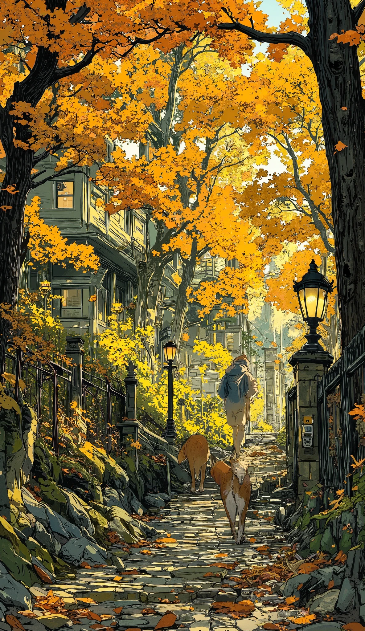 A narrow path winds through a dense autumn forest, where golden leaves fall like whispered secrets from the towering maple trees above. Mist swirls around the moss-covered roots, wrapping the ground in an ethereal silver veil. Soft amber light filters through the canopy, casting a warm, golden glow over the forest floor. A small wooden bridge, worn by time, arches over a quiet stream where fallen leaves drift like tiny boats. Along the path, ancient stone lanterns flicker with gentle candlelight, guiding travelers toward an unseen destination. A fox with deep amber eyes watches from the shadows, its presence both mysterious and familiar. The forest hums with life—soft rustling leaves, distant waterfalls, the quiet footsteps of unseen wanderers. Here, in this place untouched by time, every step feels like part of a forgotten legend waiting to be remembered
