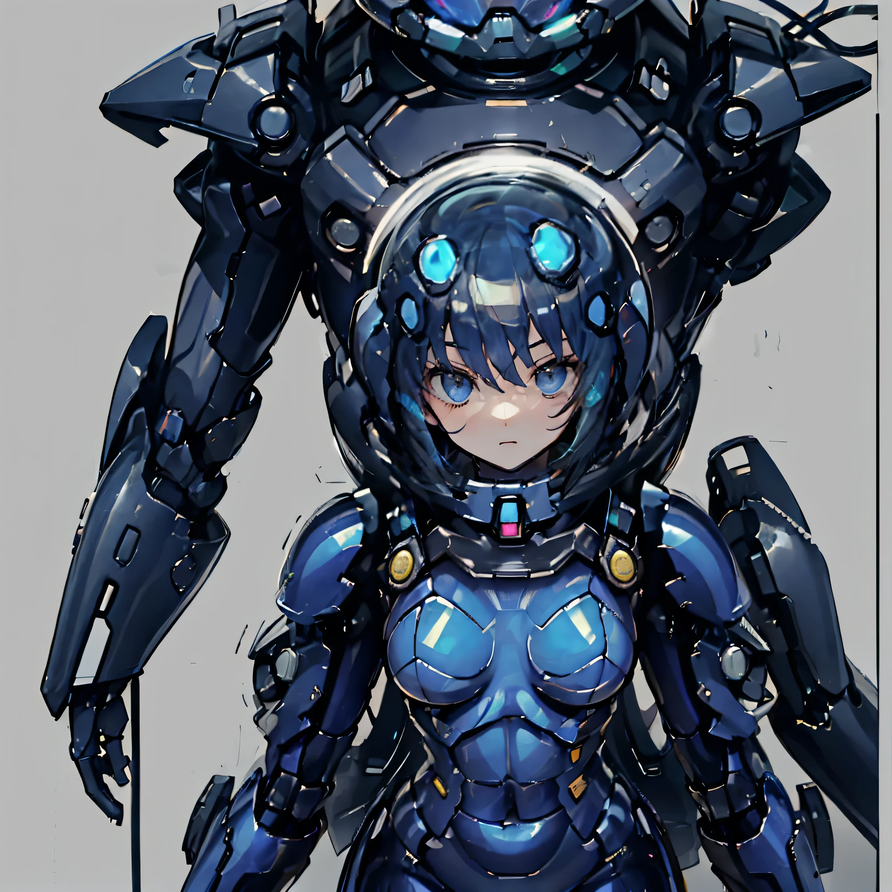 ((Holographic glow effect)),、(masterpiece、Highest quality、Highest Resolution、Clear_image、Detailed details、Angle from above): (Whole body、One 20 year old girl、Japanese Faces、Small Face、Slender、Navy blue super short bob cut hair、(Hidden small breasts:1.3)、Sparkling blue eyes、Shiny pilot suit in blue and black colors、Chest protection armor、Tight fitting clothes、Clothing that covers the whole body、Glamorous clothes、Tight Fit Pants、Hide your skin、Very delicate and beautiful、Detailed Skin、hide thighs、Hide your ass、Cute、A gentle smile、Soft expression、heroine、headset、Knee-high boots、Elbow-length gloves、Eye Level Shot、Face directly、Woman on a spaceship)