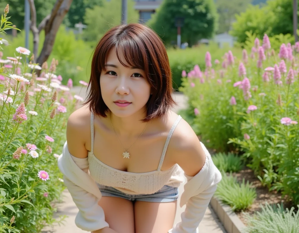 highest quality, masterpiece, 8k,生 photograph, photograph (object), very detailed, realistic, looking at the viewer,short hair,black hair, outdoor lawn bench,Completely naked，Full view of uncensored genitals，Anal exposed uncensored，60 year old Japanese woman，On my back，Legs spread in M shape