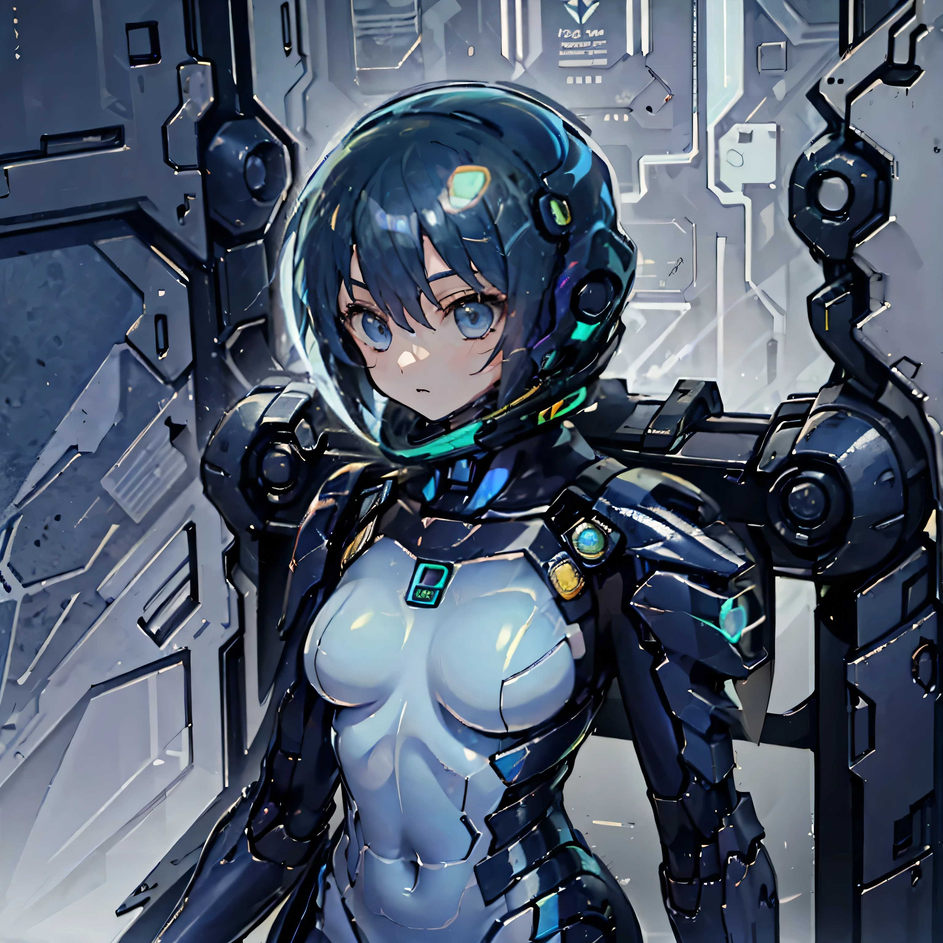 (masterpiece、highest quality、Highest Resolution、Clear_image、Detailed details、Angle from above): (Whole body、One 20 year old girl、Japanese Faces、Small Face、Slender、Navy blue super short bob cut hair、(Hidden small breasts:1.3)、Sparkling blue eyes、Shiny pilot suit in blue and black colors、Chest protection armor、Tight fitting clothes、Clothing that covers the whole body、Glamorous clothes、Tight Fit Pants、Hide your skin、Very delicate and beautiful、Detailed Skin、hide thighs、Hide your ass、Cute、A gentle smile、Soft expression、heroine、headset、Knee-high boots、Elbow-length gloves、Eye Level Shot、Face directly、Woman on a spaceship)