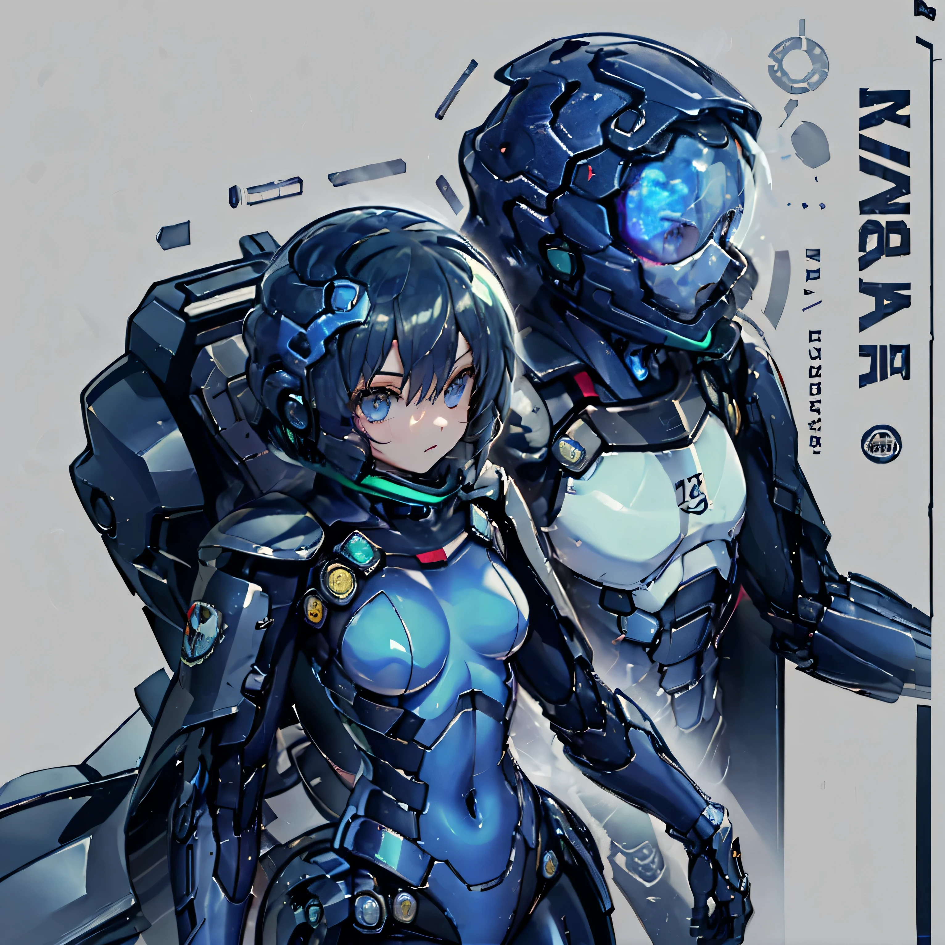 Blue Hair、Masterpiece、Best Quality、1 girl、Medium breast、((Album cover))、Light on Face、Slim Body、Blue Costume、Exoskeleton、metal Gear、Cyberpunk Style、ponytail、The Gundam pilot、attention arousal,Ride a fighter