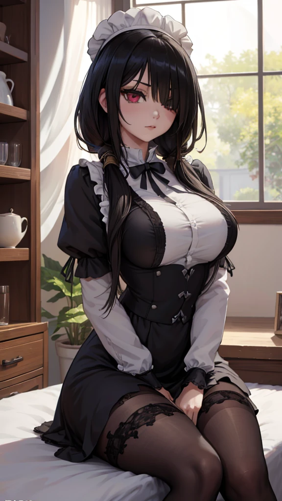 a woman, beautiful woman maid, tall, sexy body, slender seductive body, adult, Erina Nakiri, maid, French maid, long hair, black hair, straight hair going down to her back, wearing a long silver earring in her ear, the eyes were blood red, bright eyes, delicate eyes, wore a nose ring, professional face, happy experiment, her face was perfect, delicate face, extremely feminine face, an adult woman wearing a formal maid shirt, long sleeves, black skirt , white apron, stockings and high heels, her right hand was holding the earring in her ear, posing from the front, ((large breasts)), perky breasts, hard raised breasts, promotional breasts to her body, perfect waist, above average ass , black lace fishnet stockings, scenery sitting at a table, inside an old castle, with open window showing the sunset