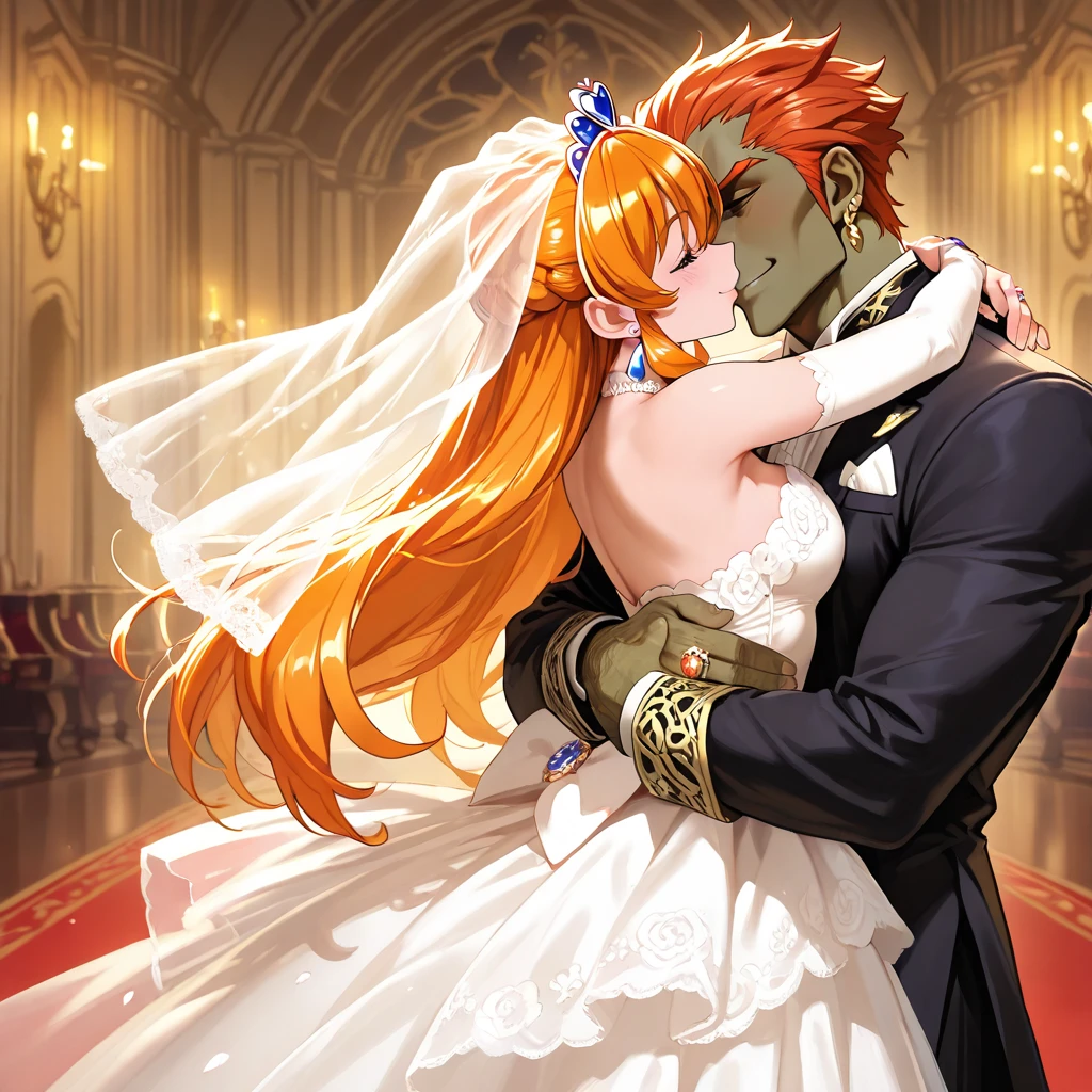((Highest quality)), ((masterpiece)), (detailed), (Perfect Face)、((The woman is the Demon Queen Clown Lady, formerly known as Maya Cordelia, with medium-long orange hair, pure white skin, and a creepy clown mask.))、The woman is wearing a spooky clown ornate wedding dress, a clown wedding veil and a jester hat, and has makeup on her face to create a spooky clown look, complete with a red nose.、The woman is a creepy, evil, lewd clown who is a minion of an evil organization.、The woman is in love with the Demon Lord Pierrot Captain in the evil circus.、The Demon Lord Pierrot Captain made the woman completely his own, and she, as his Pierrot wife, had love and loyalty forever engraved in her soul.、The woman is the wife of the Demon Lord Pierrot, bound to him by destiny and soul.、The woman, from her hair to her soul, belonged to the Demon Lord Pierrot Captain.、The woman was completely dyed in the color of the Demon Lord Pierrot Captain, forever bound as his ideal Pierrot wife.、The woman married the Demon Lord Pierrot Captain and swore eternal love to him, her body, mind, and soul all dedicated to the Demon Lord Pierrot Captain.、The woman who dedicated everything to the Demon King Pierrot Leader was reborn as the Demon Queen Pierrot Lady and spent her life as his companion、The woman's soul belongs to the Demon Pierrot Captain forever.