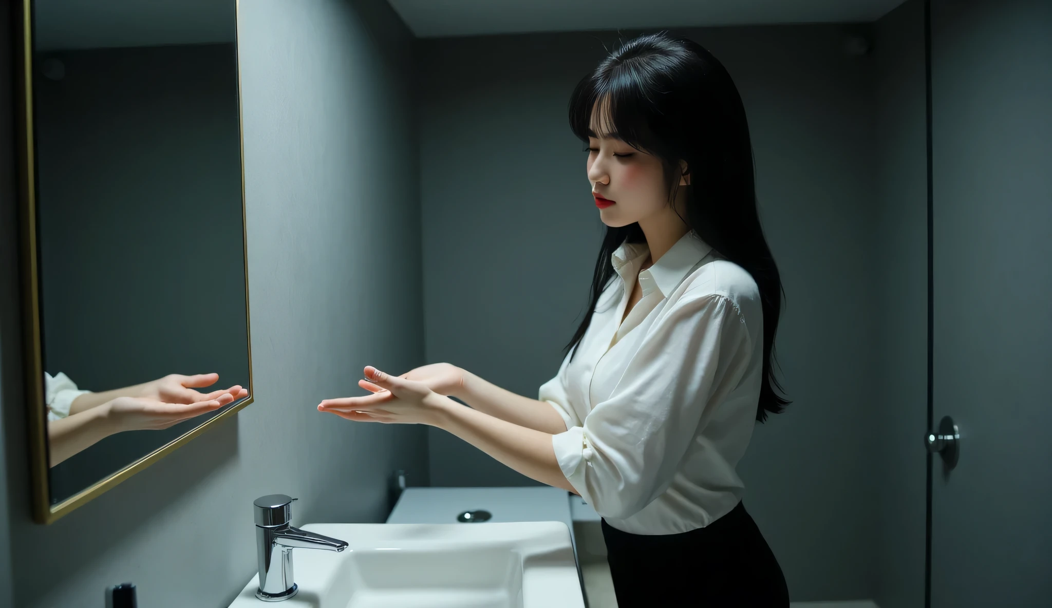 The woman works the office late, feeling sleepy, wearing a long-sleeved white blouse over, a black miniskirt, flushing the washbasin with a large square mirror in the bathroom at night.