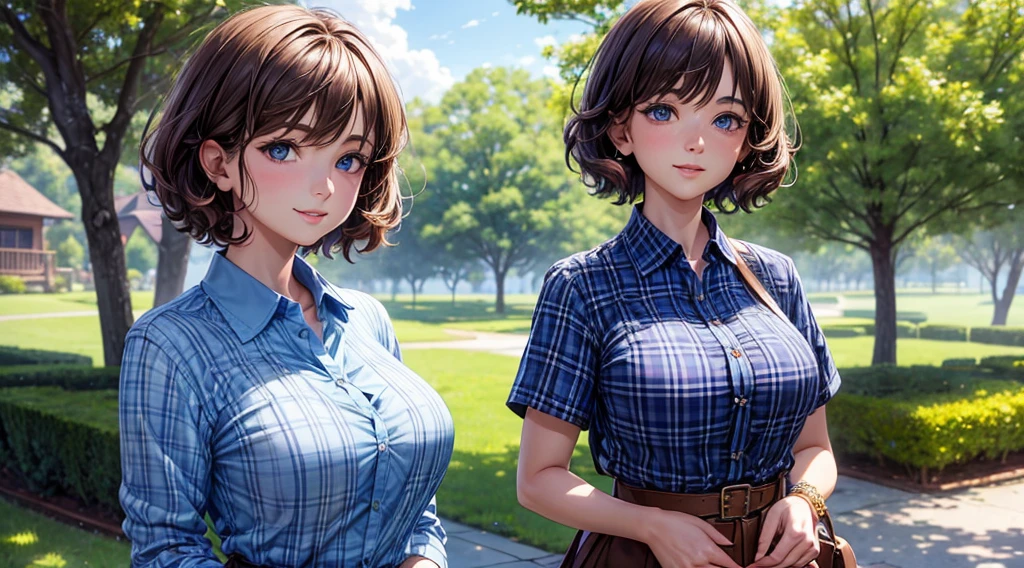 1girl, solo, village, trees, brown hair, short hair, curly hair, side ponytail, large breasts, button down shirt, ((blue shirt)), ((unbuttoned shirt)), ((short sleeved shirt)), cleavage, blue eyes, skirt, grin, looking at the viewer, standng, hair ribbon, golden necklate