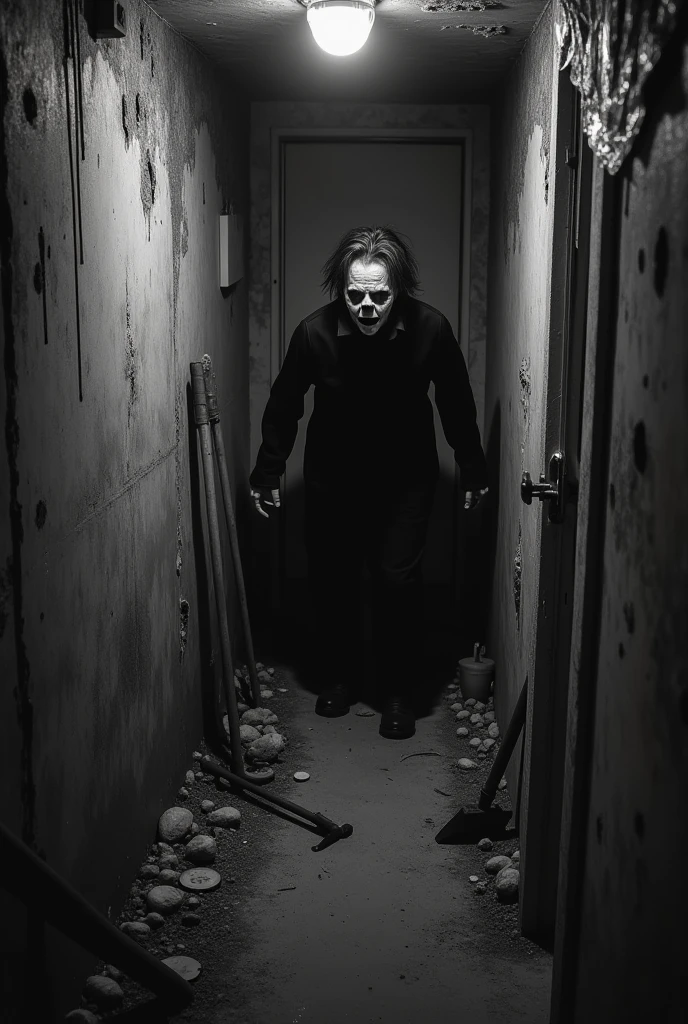 A single Zombie James Watson man black olo shirt in the dark on the corridor glowing eyes black and white image