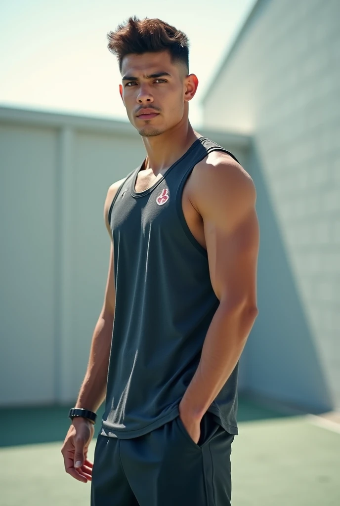 handsome guy, street football player, athletic build, Peruvian nationality, A slight smile, In move, one leg bent at the back, one foot stands on the ground and kicks a soccer ball,, full length, semi profile, wearing a white sleeveless tank top and black shorts, Excellent quality, Photo, excellent dentalization, high quality