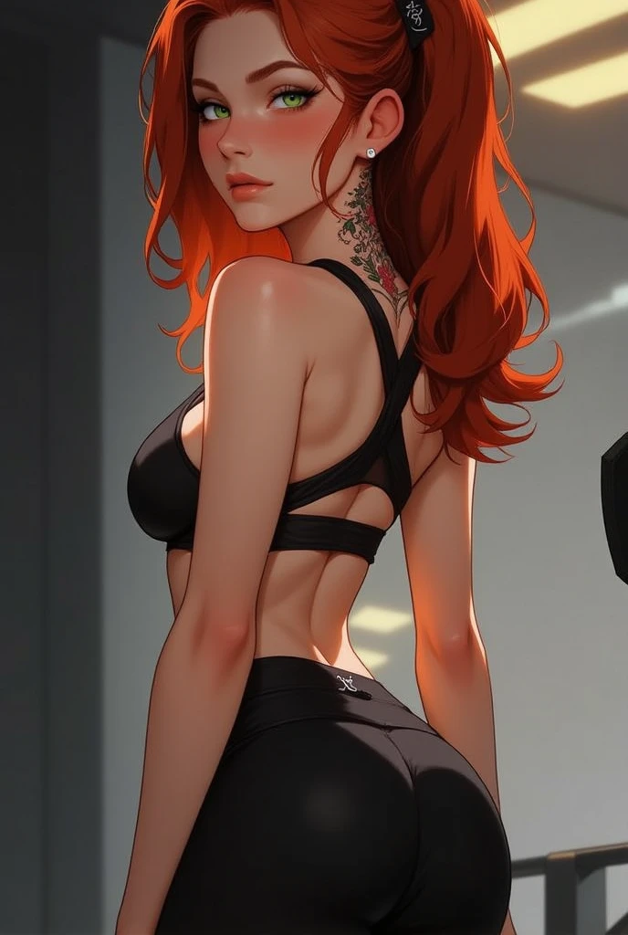 masterpiece, best quality, 1 beautiful woman (rear view: 1.1), solo, long hair, breasts, medium breasts, looking at the viewer, light eyes, red hair, hand on hip, sports bra, gym shorts, ass, Dutch angle, side,