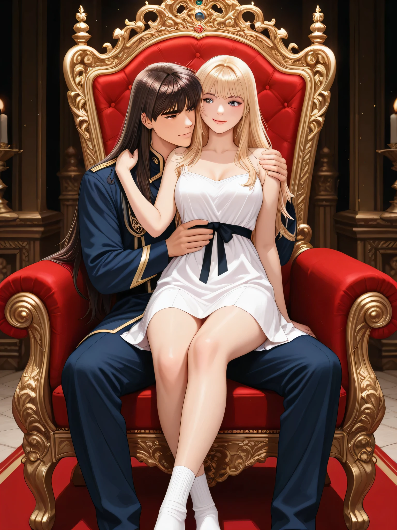 an adult male, A woman on your right side, and a small on their left side, They are on a royal throne, the woman is resting her hands on the character's shoulders, He is hugging this woman, The is sitting on the throne arm, The style is realistic anime , hair, very detailed eyes, very detailed hair, the woman is blonde with long hair and very beautiful, the is also blonde with two Maria Chiquinha, The male character is in the middle, Does the male character have dark brown hair, Is he wearing marshal's uniform, The woman is wearing a not so short dress, the is wearing a dress with long white socks, The character has a slight smile, The woman is looking at the character in love, manhwa style, very detailed eyes, eye twinkle,