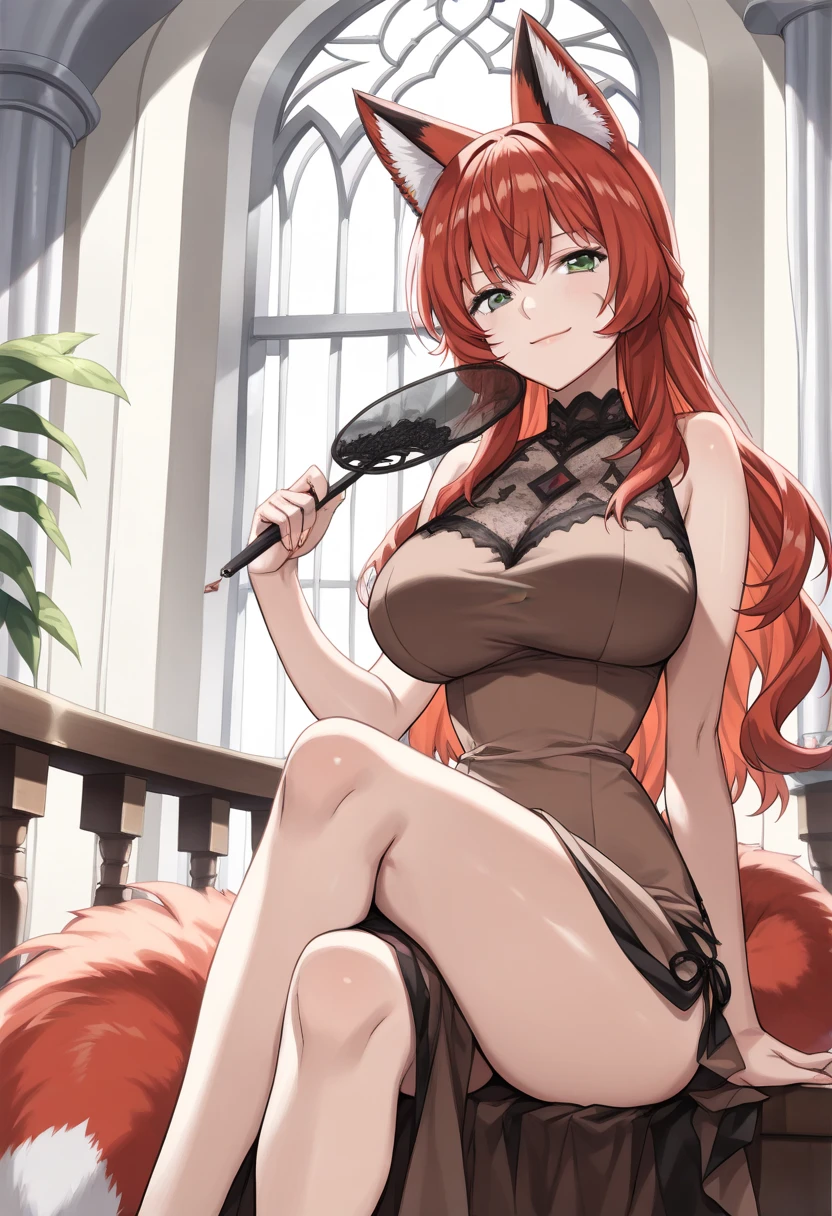 happy woman, with cat ears and red hair, holding her cheeks, cat tail, wearing a bikini, looking at veiwer, full body