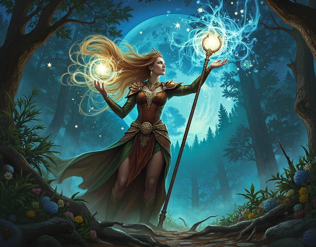 1girl, really cut blonde hair, big breasts, long green dress, sexy dress, long fur coat, white and red coat, green heels, perfect hands, perfect feet, perfect toes, medium breasts, frekless, crown, princess ((Red Eyes))
high resolution, magic staff, bloom, bloom, cinematic lighting, female, perfect lighting, looking at viewer, white Magic wand in hand, holding, holding weapon, smile, serious expression, medieval battlefield, magic blue fire, sorcery, spells arcane, sinister sky, swirling shadows, chaos on the battlefield, mystical energies, enchanted weapons, enchanted warriors, cursed land, ethereal flames, dark sorcery, sinister forces, conjured beasts, epic clash, ancient curses, chaotic spells, mystical enchantments, malevolent presence, battlefield frenzy, enchanted armor, spectral illusions, mystical havoc, in the forest, <lora:EMS-46064-EMS:0.800000>, , <lora:EMS-49654-EMS:0.800000>