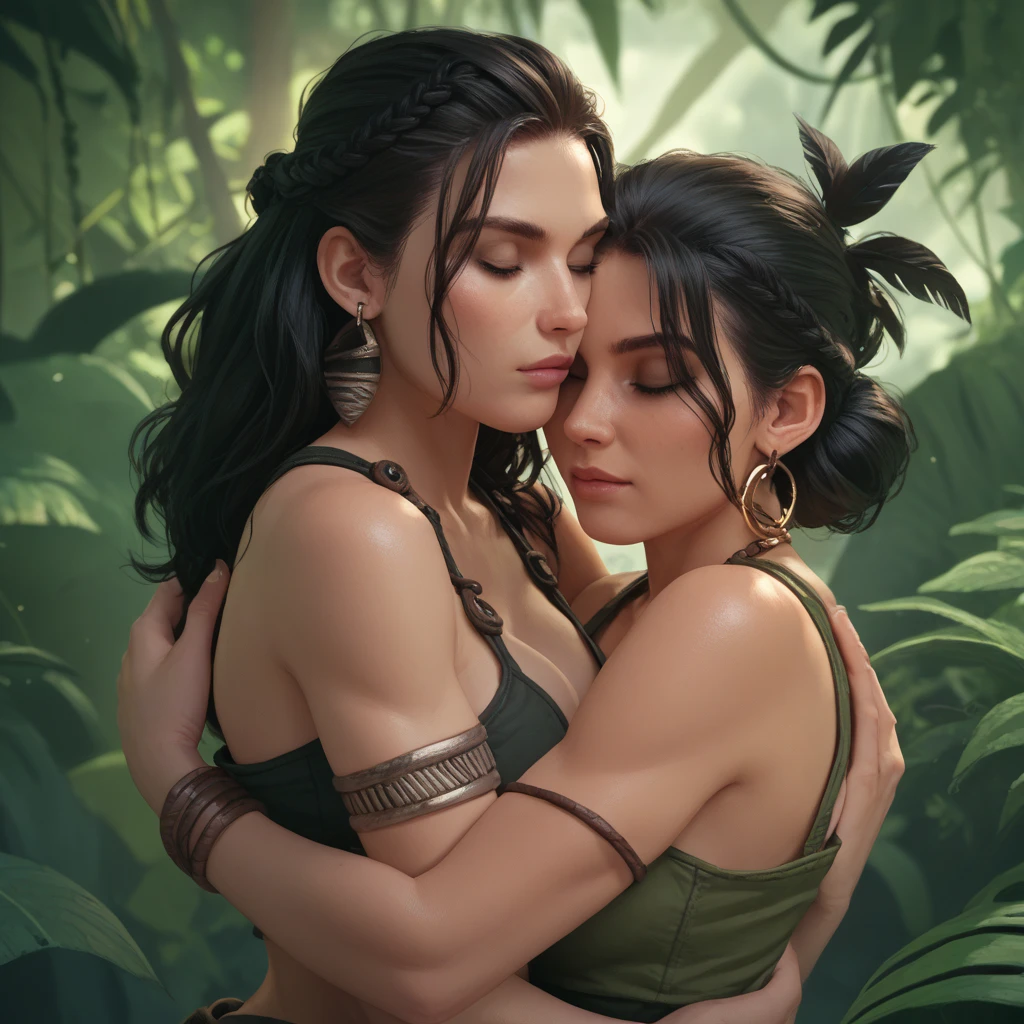 ((Realistic:1.5)),((Best quality)), ((Masterpiece)),((Detailed)),2girls,duo,{2 beautiful women}, (Upper body:1.3),Hug and touch each other, Tease your friend's waist, Breathless friends, Biting a friend's earlobe, crouched,super wide shot,Face focus, Long legs,Curvy, Barefoot,Wide hips, Thin legs, Oversized eyes,Long eyelashes, (Detailed face,beautidful eyes, detailedpupils,detailed clothes features, Clear background:1.3), (armlets, bangle:1.3), Mysterious ancient ruins, floresta exuberante, Deep canyon,bridge,River,cliff,Cloud,lakes,Rock music,Waterfalls, Flowers, Grass,grape trees,tree,bright detail,Sharp,Perfect compounding, Intricate, Sharp focus, Dramatic,