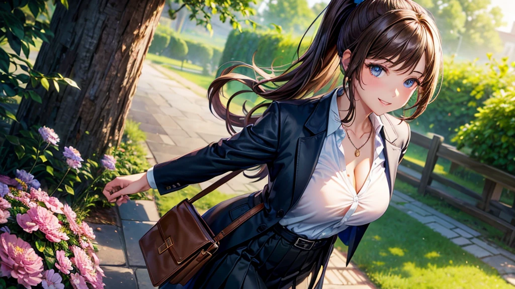 1girl, full body, solo, summer, village, trees, sun, clouds, ((brown hair)), ponytail, large breasts, ((black blazer)), button down shirt, ((white shirt)), ((short sleeved shirt)), ((unbuttoned shirt)), unbuttoning buttons, cleavage 1:3, brown eyes, skirt, smile, looking at the viewer, standing, hair ribbon, golden necklate, shoulder bag