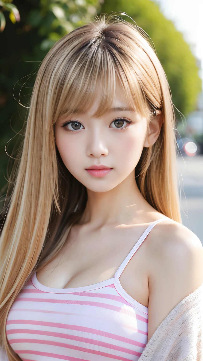Sexy Big 、A cute 15-year-old girl with a sexy and cute look, beautiful and sexy face、A strong wind blows my hair in front of my face、With straight blonde hair、beautiful, Cute and sexy eyes hidden behind long bangs、I&#39;m wearing a choker、Covering the eyes with bangs、I have a tattoo on my arm