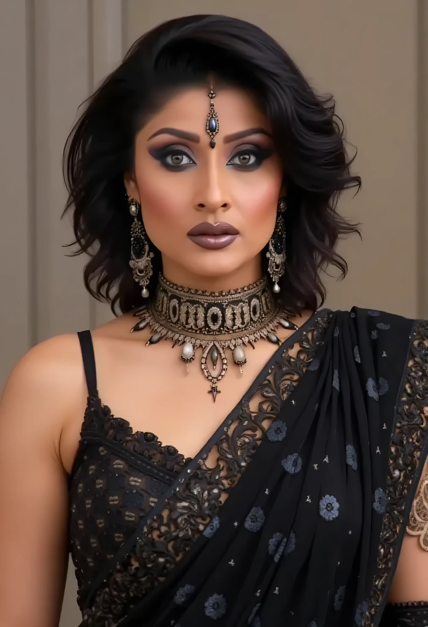 high quality full body Closeup shot, slim arms, milf, demoness mommy, sexy sleeveless blouse, sensual demoness, queen of the dark world, mother of demons, heavy breasts Indian aunty, attractive figure, huge massive breast, cougar lady witch, horny Gothic milf,  50 years old gorgeous mature lady, pervert demoness, demoness of lust, curvy, black lips, horny face, extremely gorgeous, slim figure, sexy figure, Fashionable portrait of androgynous alien looking witch, glowing light grey eyes, voluminous lash extensions, futuristic design, minimal details, givenchy, photoreal, 200mm, hd, f/ 5.0, highly detailed, ultra sharp focus, surreal, sexy beautiful evil woman, sexy bold sequin Saree with strapless Bra, chudail, Pishachini, horror genre, blood-thirsty enchantress, powerful female spirit, eerie, drop dead, in the style of red and blue, (intricate details, hyperdetailed:1.15) (skin texture:1.2), dark Moody tone, cinematic lighting, urban legend ruined temple in background, desi aunty, chudail aunty, sexy spicy hottest demoness queen, sexy smokin' hot chudail, sexy witch mommy, sexy sleeveless blouse, deep cleavage, 
