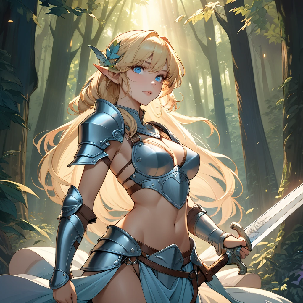 4K,High resolution,One Woman,Elf,Blonde,Long Ponytail,Green Eyes,Big Breasts,Warrior,Blue bikini armor,hair band,Jewelry decoration,Long sword,flat land