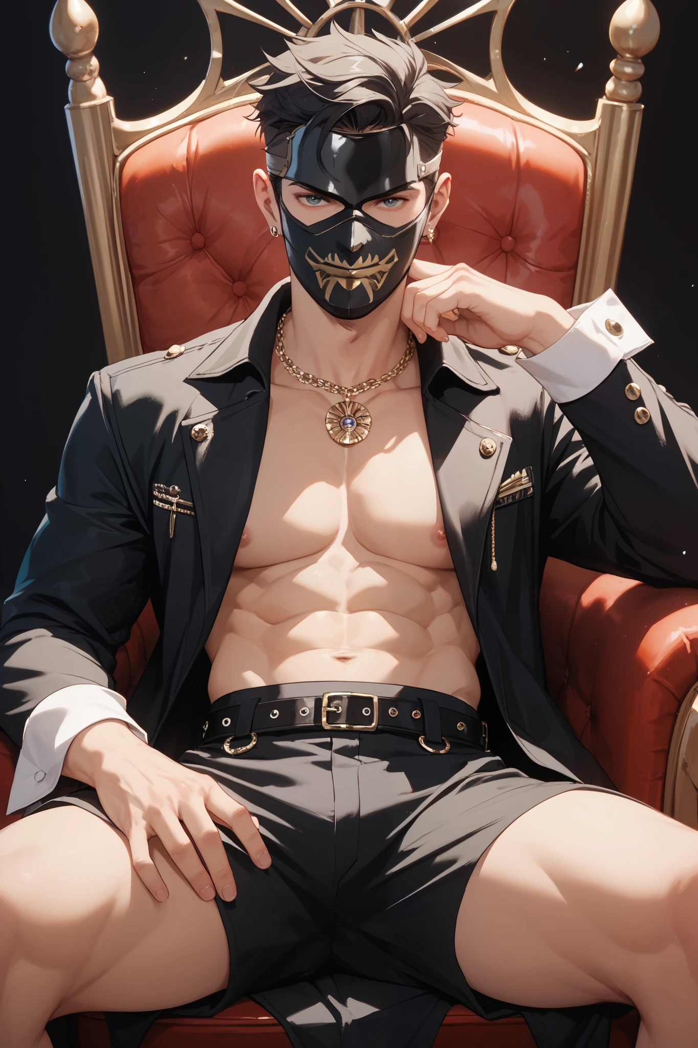 A handsome boy, 17 years old, athletic build, ideal body, aesthetically beautiful, erotically tempting, seducing, offering himself With a beautiful sexy tango panti With round perfect buttocks, muscular, sweaty after a workout, In a Venetian mask with peacock and bird of paradise feathers, In White, red and gold colors, diamond chips all over the body