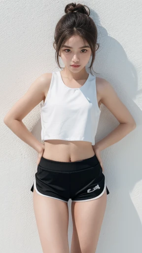 (best quality, masterpiece, ultra high resolution), (8k wallpaper, high-definition, HDR, RAW), (hyperrealistic), (authenticity: 1.4), (full body shot), 1girl, ((16 year old girl)), ((Short brown hair)), ((Dragon tattoo on arm)), ((Pretty Asian-American Girl)), ((Pretty face)), ((Tight clothes)), ((Brown eyes)), ((Pale skin)), amazing slim body, female curves, long legs, thick thighs, big ass, flat tummy, ((perfect hands)), standing, leaning forward, ((White tanktop)), ((Black shorts)), ((view at viewer)), ((Seductive smile)), ((A graffitti at background, urban wall)), sunlight illumination, focused illumination, divine illumination, contrast