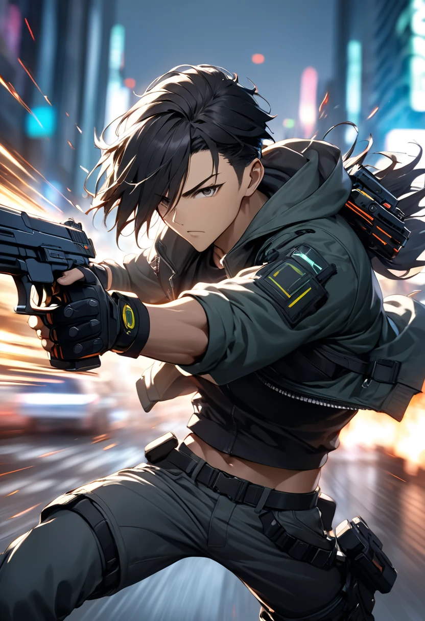 dark-haired young man" Asuka"、Fierce cyberpunk-style shootouts gun battle ((motion blur:1.4, background blur on city))