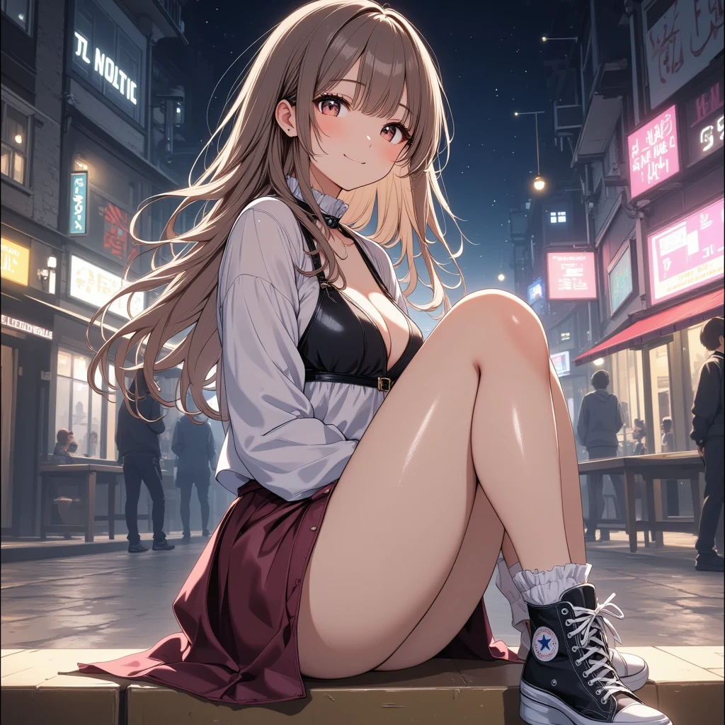 (Masterpiece, top quality, high resolution, realistic photo, realistic looking skin:1.1),
(The woman is hiding in the shadows in a business district at night:1.5),
(She looks like a mentally troubled person:1.5),
(She is wearing a high blazer and a mini-skirt: 1.8),
(She wears baggy socks: 1.8),
(She is wearing black loafers: 1.8),
(Her skirt is so short you can almost see her panties: 1.5),
(She has medium brown hair: 1.5),
(Location: business district at night: 1.5),
1 Japanese girl, solo, full bodied esbian, beautiful eyes, glowing eyes, glowing thighs, NSFW