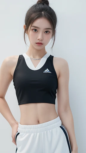 Neat college girl, petite person, (skirt, sports bra), outside the athletic field, (slim), photorealistic, detail, skin texture, ultra detail, delicate sexy collarbone, smile, super detailed face, detailed lips, detailed eyes, small breasts, small, small breasts, small, flat breasts, flat