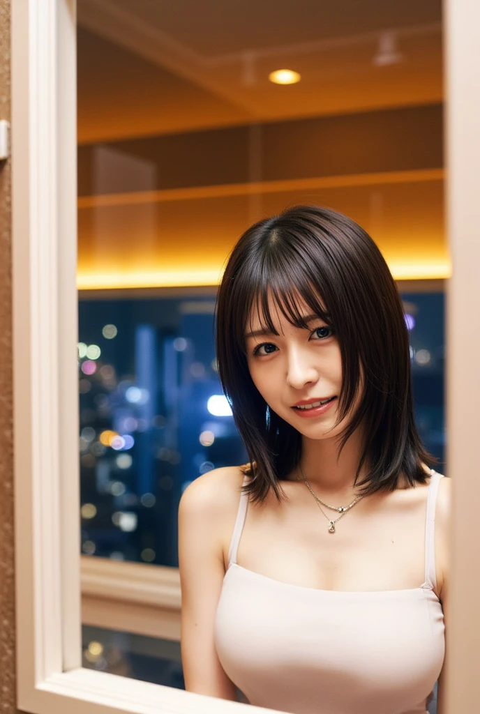 Attractive college girl、natural make up、({top-quality、8K,、masterpiece:1.5、Detailed skin、A detailed face、A detailed eye,Detailed texture})、portlate、((Black Sexy Lingerie、Black garter belt))、wetted skin、Nice Buddy、large boob、Turn to me and smile、masterpiece、top-quality、younggirl、20yr old、japanes、brown haired、((short-hair:1.5))、Luxury hotel bedroom scenery、Night time、You can see the night view of Tokyo from the window