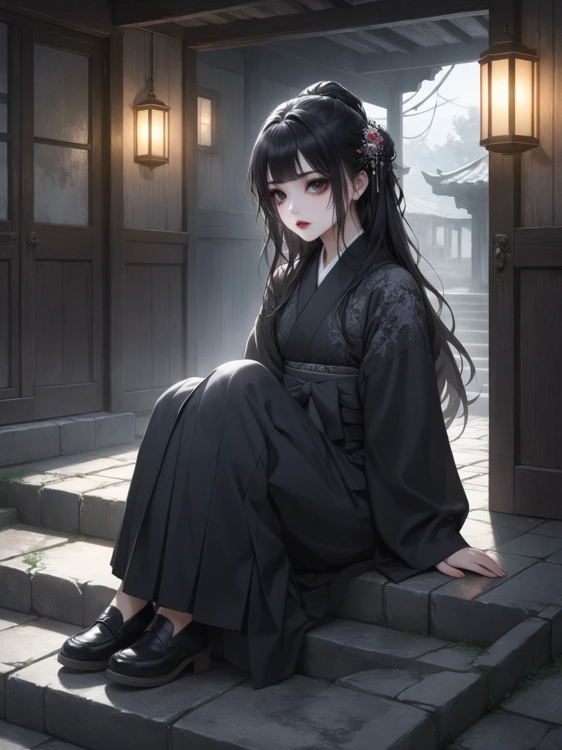 top quality、high image quality、greatest masterpiece:1.4、High Precision、absurd、realistic、Draw with oil pastels、 Dark Color Palettes 、Uneasy atmosphere、painting or digital art、Hakama Girls 、full body、Old Western-style building、Sit cross-legged at an unpopular entrance、Unusual Suspicious Expression、Deep, shining, detailed dark eyes、moist lips、glossy detailed black hair、long hair、Fetishes。Lighting、Bright and dark lighting:1.6、fluffy、bokeh、soft focus、 dark gothic 、 Gothic Horror 、isometric drawing、dark grey filter