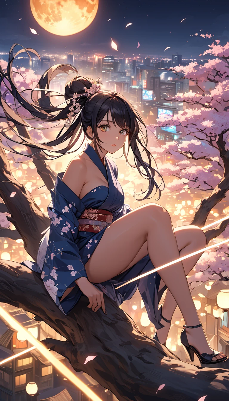 ((Highest quality)), ((masterpiece)), (detailed),1girl, 独奏, aroused, smile, crying face, clothed, spread legs, NSFW, sweat, wet, night sky, cherry blossoms, blurry background
