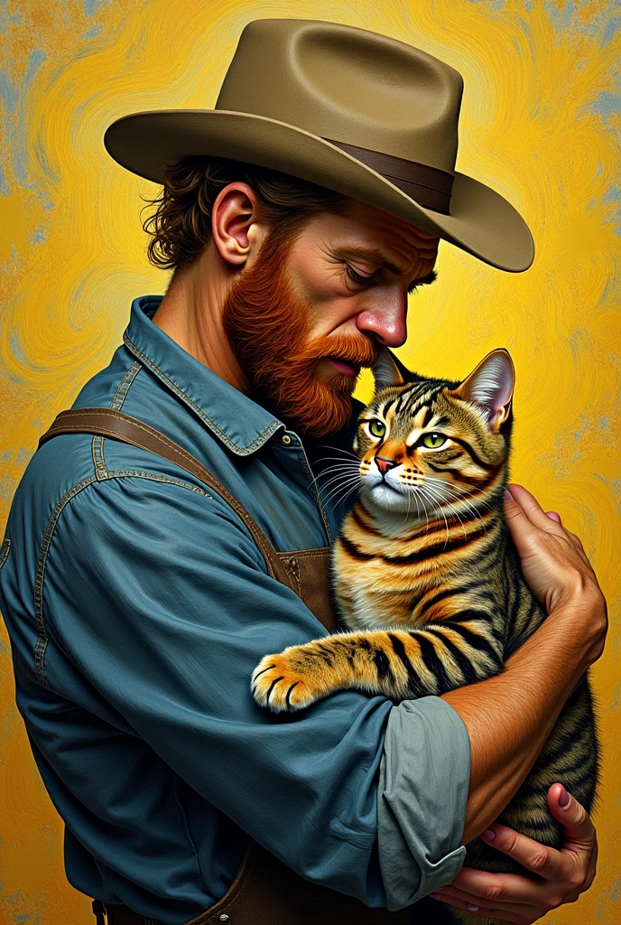 Portrait d'un mannequin masculin, 22 ans, corps sculpté, regard intense, portant un chapeau et un chat, fond tropical